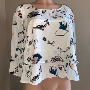 MAEVE Anthropologie Ladies 3/4 Sleeve 100% Silk Chic Print Ruffle Blouse sz 4